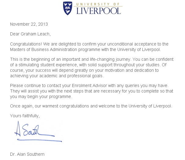 Liverpool Admission Letter